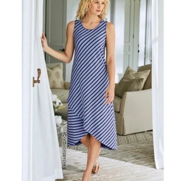 Soft Surroundings Sarina Striped Asymmetrical Midi Dress Periwinkle Pima Cotton - Picture 1 of 9